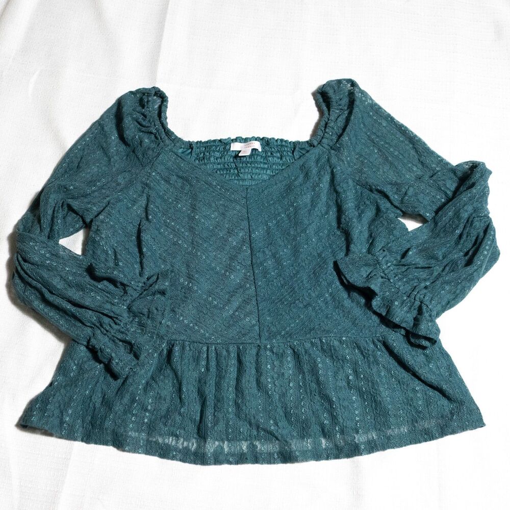 Cottagecore Boho Smocked Babydoll Puff Sleeve Fairy Top XL Green